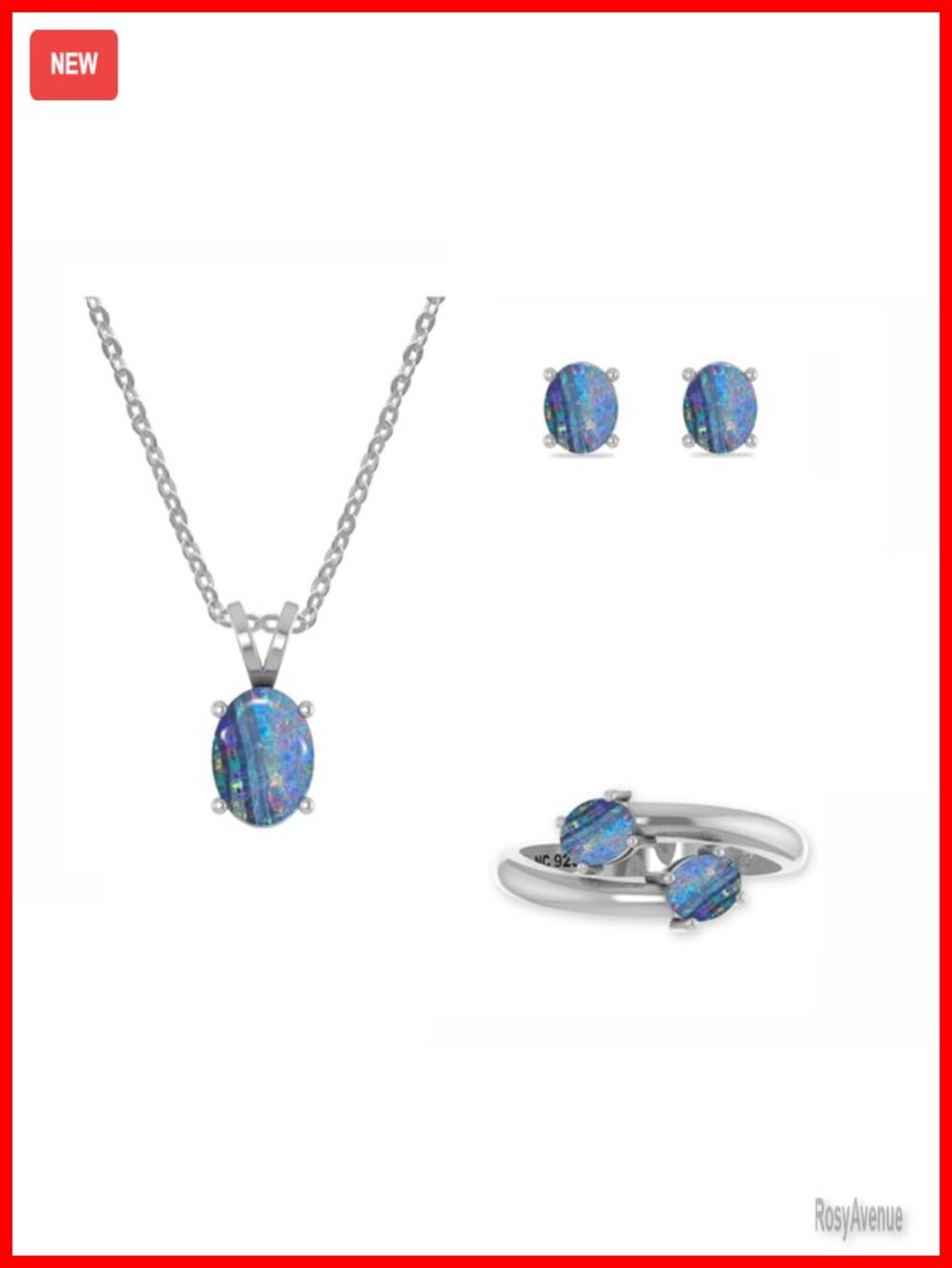 Australian Opal Jewelry Set Sterling Silver Necklace Ring Earrings